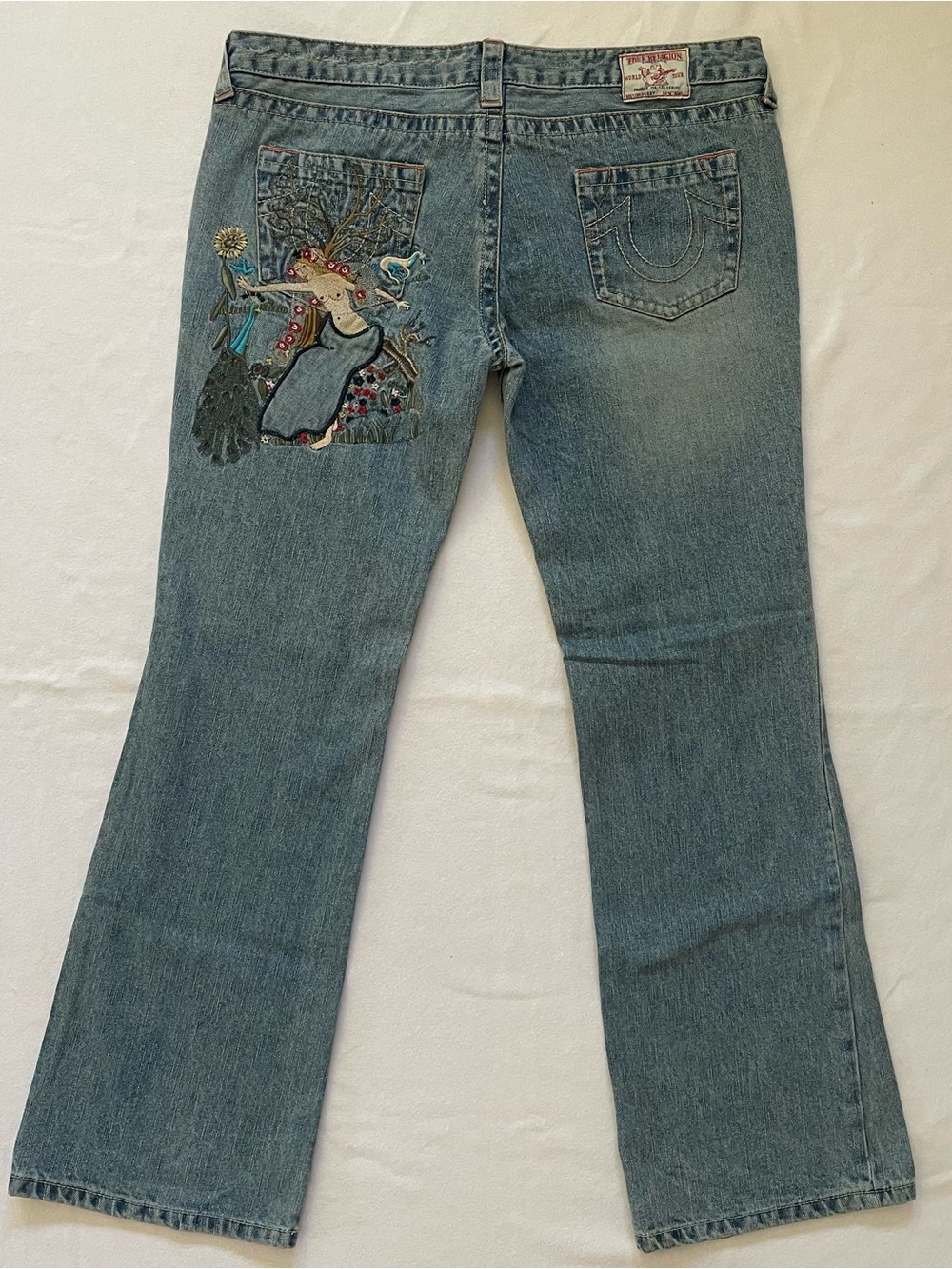 Y2K True Religion Bobby Low Rise Flare Jeans Goddess Godiva Art Nouveau 2004